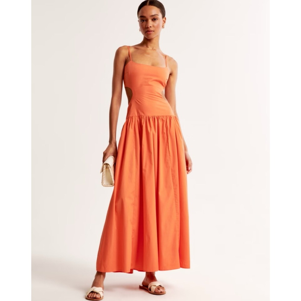 NEW Abercrombie A&F Drop Waist Cut Out Maxi Dress Orange A-line Square Neck XS